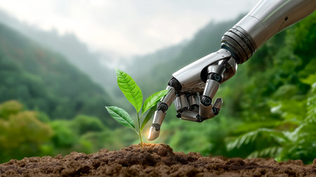 Robot hand gently touches young plant sprouting from rich soil. Vibrant green backdrop creates serene setting, symbolizing sustainable technology. Concept of agriculture, eco-friendliness, innovation.の素材