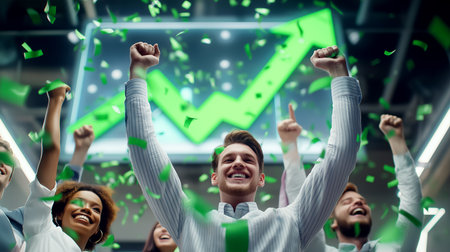 Team smiles and raises arms in celebration of financial achievements. Bright office setting with upward trending graph in background. Concept of business growth, teamwork, motivation.の素材