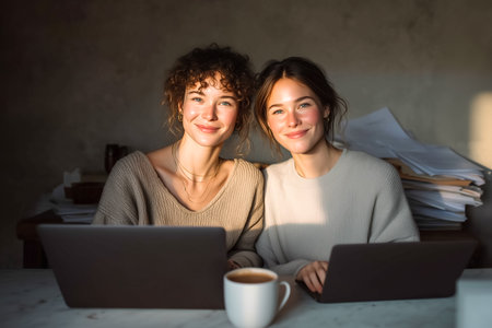 Two women are sitting side by side at a table, focusing on their laptops while smiling warmly at the camera. Sunlight filters through the room, highlighting their cozy workspace filled with papers.の素材