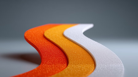 Wavy strips in orange, yellow, and white create an abstract design. Smooth texture and vivid colors form a visually striking composition. Concept of graphic design, branding, art.の素材