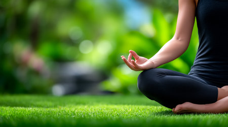 Individual meditating with hands in mudra position on vibrant grass. Lush garden with plants and soft sunlight creates calming atmosphere. Concept of wellness, mental health, yoga.の素材