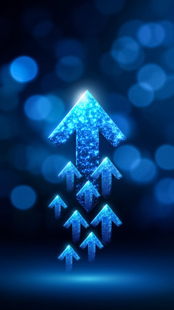 Glowing upward arrow made of smaller arrows signifies unified growth and team success. Blue corporate palette with gradient lighting enhances modern appeal.の素材