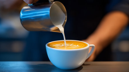 Barista pouring creamy milk into coffee cup creating intricate latte art. Warm, inviting cafe interior with soft lighting and relaxed ambiance.の素材