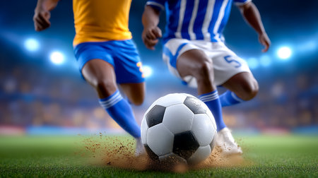 Two soccer players fiercely contest a ball on a dynamic field with vivid stadium atmosphere. Bright lights illuminate action-packed scene. Concept of sports, competition, athletic events.の素材