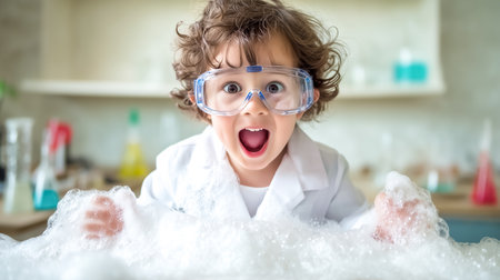 Child with curly hair wearing protective goggles plays excitedly in a bubble-filled environment. Bright kitchen setting with various colorful laboratory supplies.の素材