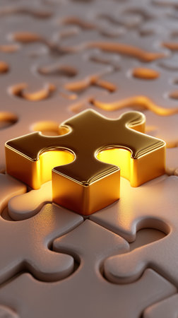 Golden puzzle piece connects seamlessly with adjacent pieces, illuminated by soft light. Textured surface enhances depth, creating a visually striking effect.の素材