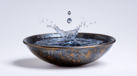 Waterdrop creates splash in ornate bowl filled with clear water. Clean light background emphasizes serene moment. Concept of art, design, wellness.の素材