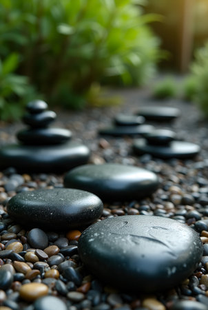 Basalt stones create a calming pathway through a peaceful garden filled with vibrant greenery. The setting promotes relaxation and mindfulness. Concept of landscaping, wellness, spa.の素材