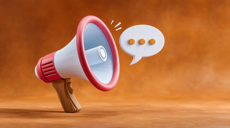 Megaphone emits glowing speech bubble emphasizing dynamic communication. Warm background enhances visual appeal. Concept for marketing, public relations, media.の素材