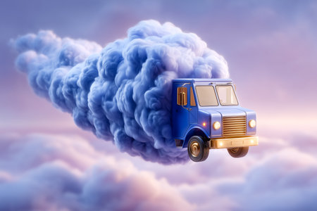 Blue delivery truck moves through fluffy clouds in a whimsical dreamy setting. Soft pastel sky adds magical touch. Concept of logistics, delivery services, creative marketing.の素材