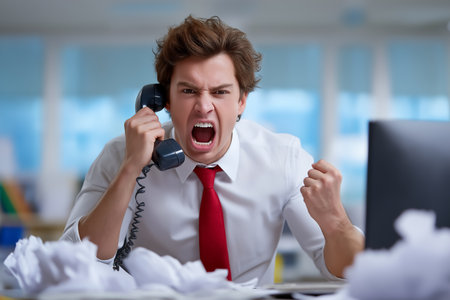 Man yelling angrily into a phone, expressing frustration at work. Office environment with crumpled papers scattered around. Concept of stress, communication issues, workplace challenges.の素材