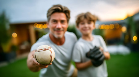 Man and boy smiling while holding baseball and glove. Outdoor backyard setting with warm lights and gentle evening ambiance. Concept of family bonding, recreation, sports.の素材