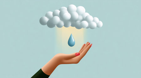 Hand reaching out to catch a raindrop falling from a fluffy cloud. Light blue background enhances focus on weather elements. Concept for environmental awareness, weather forecasting, wellness.の素材
