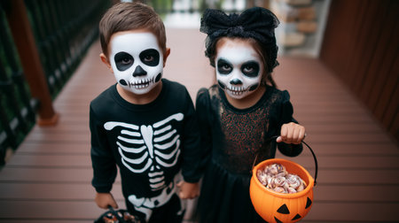 Kids in skeleton costumes smiling while holding pumpkin basket filled with candy. Outdoor setting with wooden floor. Concept of Halloween, children's celebrations, costume parties.の素材