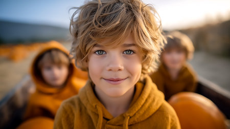 Three boys in cozy orange hoodies playfully pose at pumpkin patch, bright sunlight illuminating their cheerful expressions. Concept of family fun, seasonal festivities, outdoor activities.の素材