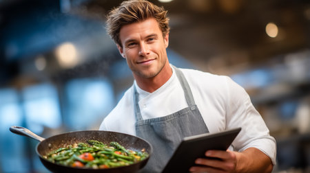 Chef holding frying pan filled with colorful vegetables looks at camera with a smile. Modern kitchen backdrop featuring clean surfaces. Concept of culinary arts, food preparation, restaurant industry.の素材
