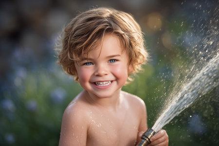 Boy with curly hair enjoying playful moment with water hose. Bright garden filled with flowers creates cheerful atmosphere. Concept of childhood joy, summer fun, outdoor play.の素材