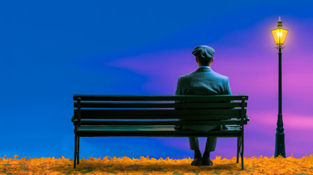 Man sits quietly on bench surrounded by fallen leaves, gazing contemplatively at vibrant twilight sky. Warm streetlight enhances peaceful atmosphere. Concept of reflection, solitude, mindfulness.の素材