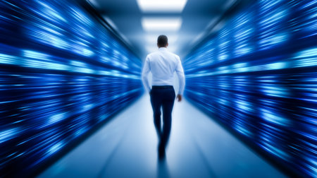Business professional walking in digital environment with illuminated server racks. Focus on technology and innovation in data management. Concept of IT consulting, data storage, automation.の素材