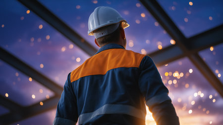 Worker wearing safety helmet and reflective vest inspects construction site under a twilight sky filled with sparks. Focus on construction, safety standards, industrial growth.の素材