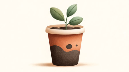 New green leaves emerge from terracotta pot in simple setting. Clean neutral backdrop highlights freshness of plant. Concept of gardening, home decor, eco-friendly living.の素材
