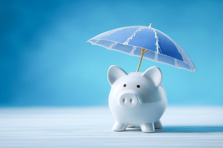 Piggy bank stands with small umbrella showcasing concept of financial protection. Bright blue backdrop highlights savings theme. Concept of finance, savings, budgeting.の素材