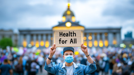 Individual holding sign reading health for all at demonstration for universal health care. Urban background with prominent building illuminated. Concept civic engagement, social justice, advocacy.の素材