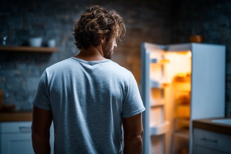 Man looks at open refrigerator with soft glow illuminating dark kitchen. Modern kitchen setup with wooden accents, suggesting a relaxed evening at home.の素材