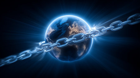 Chains surround Earth in a mesmerizing cosmic backdrop, highlighting themes of global unity and interconnectedness. Bright, ethereal light accentuates the scene.の素材