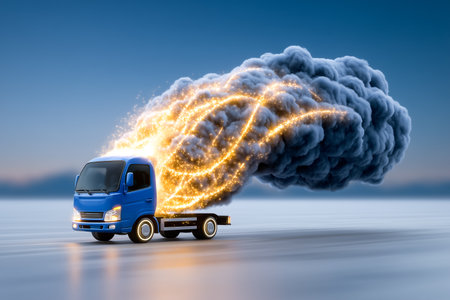 Blue truck releases vibrant smoke trails against a tranquil twilight landscape. This dynamic display creates a sense of energy and innovation. Concept of transportation, vehicle design, advertising.の素材