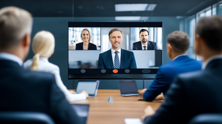 Group of business professionals participating in virtual meeting. Modern conference room with large screen displaying remote colleagues. Concept of corporate communication, teamwork, collaboration.の素材