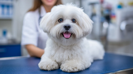 Fluffy white dog lying contently on examination table at veterinary clinic. Friendly vet smiling in background, showcasing care and attention to pets.の素材