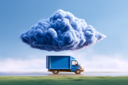 Delivery truck moves along a road beneath a large fluffy cloud in a vibrant blue sky. This setting emphasizes transportation and logistics. Concept of delivery services, freight, supply chain.の素材