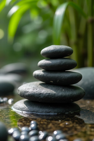 Basalt stones carefully stacked to create a tranquil arrangement in shallow water surrounded by vibrant green bamboo. Concept of relaxation, wellness, natural beauty.の素材