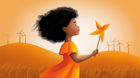 Child joyfully spins a pinwheel against a backdrop of wind turbines on rolling hills during golden hour. Represents hope and sustainability.の素材