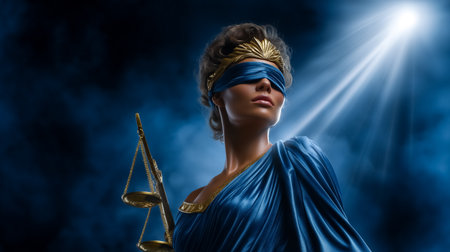 Symbol of justice stands tall with blindfolded eyes, embodying fairness and law. Elegant blue drapery and golden accents highlight the concept of justice.の素材
