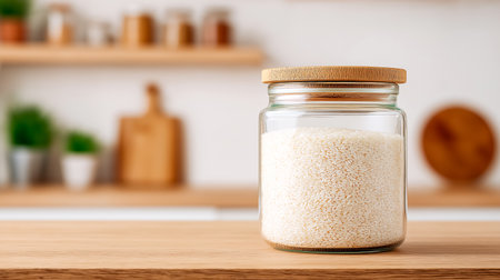Glass jar holds white sesame seeds on wooden countertop. Bright, modern kitchen background with soft light creates inviting atmosphere. Concept of cooking, health food, meal preparation.の素材