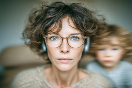Woman with curly hair looking at camera while wearing headphones and concentrating on task. Child appears blurred in background. Cozy indoor setting at home.の素材