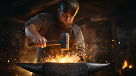 Man focuses on hammering metal into shape at anvil in traditional blacksmith workshop. Warm light illuminates sparks flying. Concept of craftsmanship, metalworking, artistry.の素材