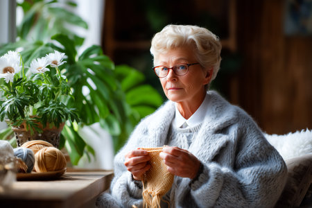 Woman knitting with focused expression inside cozy room filled with greenery. Sunlight filters through window illuminating her work. Concept of crafts, creativity, relaxed atmosphere.の素材