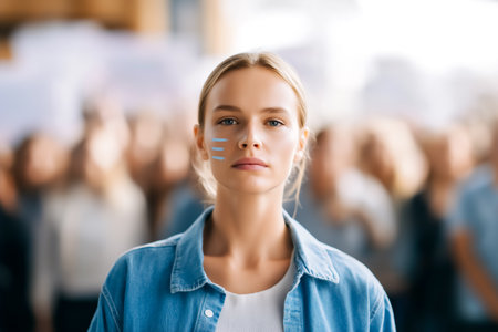 Young woman with blue face paint stands focused at rally, embodying passion for social change. Brightly lit urban location filled with crowd. Concept activism, social justice, community engagement.の素材