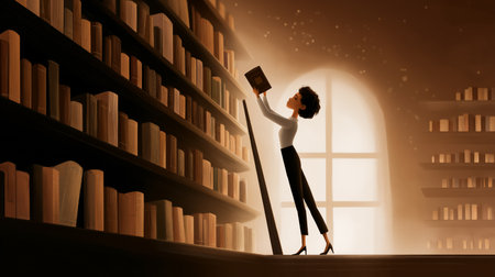 Woman stretches to retrieve a book from high shelf in cozy library. Warm golden light fills space, creating a tranquil and inviting atmosphere. Concept of education, reading, literature.の素材
