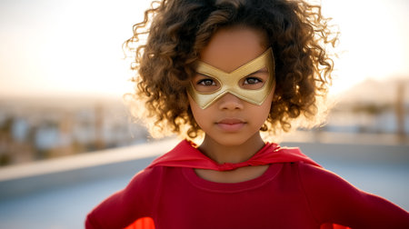 Child stands confidently with arms crossed, wearing a golden mask and red cape. Urban setting includes blurred buildings in the background, showcasing strength and imagination.の素材