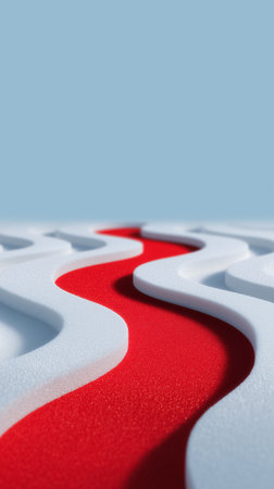 Abstract composition showcases flowing white waves with vivid red patterns. Minimalistic setting emphasizes color contrast with soft blue backdrop.の素材