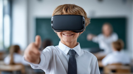 Boy is enjoying virtual reality experience while in classroom. Others students are engaged in learning behind him at school. Concept of education, technology integration, immersive learning.の素材