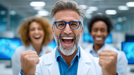 Team of three professionals expressing excitement in bright office space. Faces showing joy and enthusiasm, with technology in the background. Concept of teamwork, motivation, corporate culture.の素材