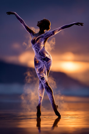 Silhouette of person dancing with grace in misty water during sunset. Captivating display of movement and energy against tranquil backdrop.の素材