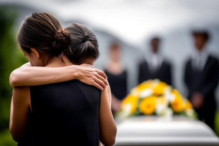 Two women hold each other tightly, expressing grief and support during a funeral. The setting features a casket adorned with flowers and mourners in the background.の素材