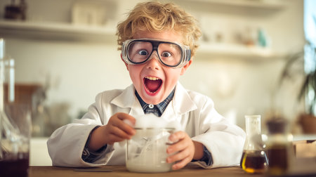 Young boy wearing glasses joyfully mixes substances in a beaker, showcasing excitement during a science experiment. Bright lab environment with various colored liquids.の素材