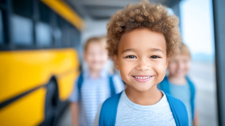 Child looks at camera, smiling happily at school bus stop, bright yellow bus nearby. Friendly atmosphere with classmates, ideal for education, childcare, youth programs.の素材